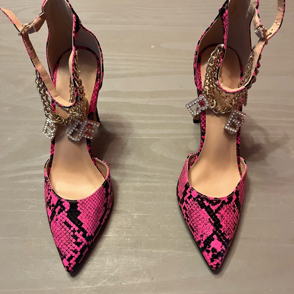bebe Pink and Black Snake Print Heels